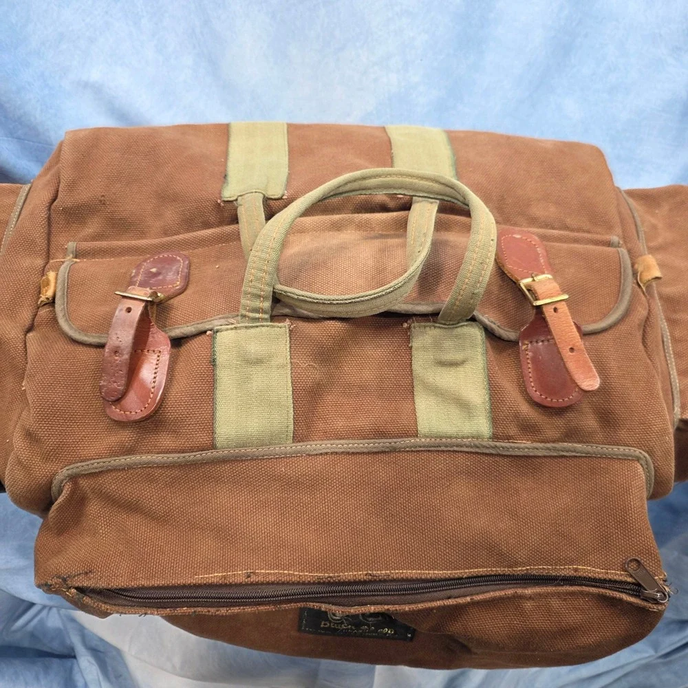 Vintage Black Sheep Brand Brown Heavy Canvas Duffle Leather Trim Travel Luggageu